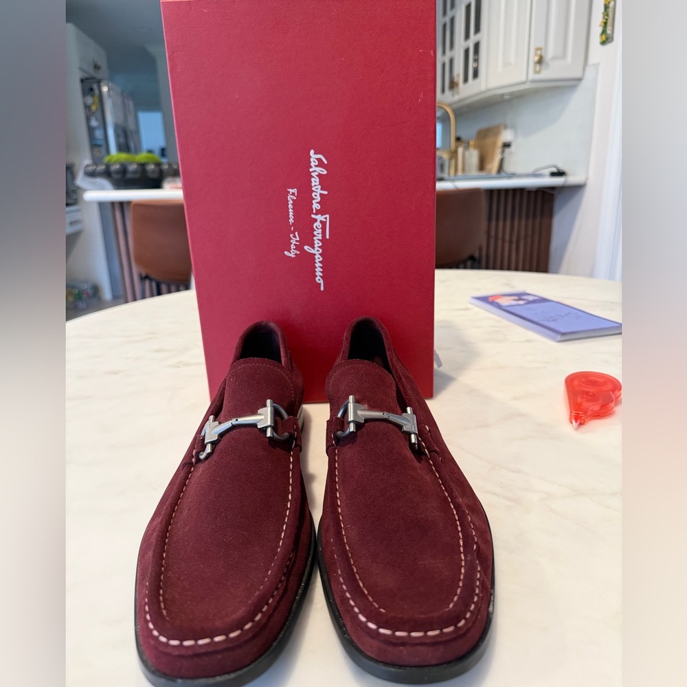 Salvatore Ferragamo Men’s Burgundy Suede Bit Loafers with Silver Hardware